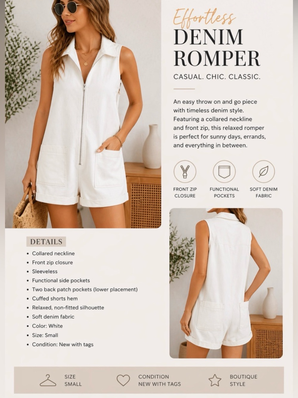 Day + Moon White Denim Romper Size S Sleeveless Zip Front NWT Relaxed Fit